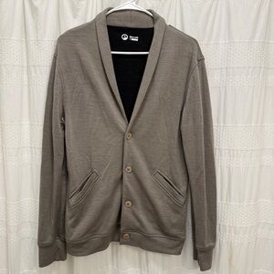 OUTLIER NYC Merino Wool Button Up Cardigan Sweater Tan Gray Mens Small READ